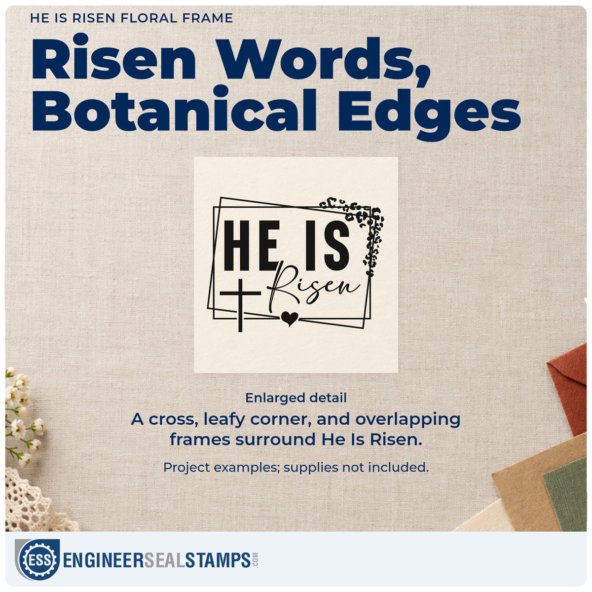 Enlarged detail of the He Is Risen Leafy Cross Frame PSI Pre-Inked Stamp imprint. Overlapping rectangular outlines, a cross, leafy corner, and heart frame "He is risen."