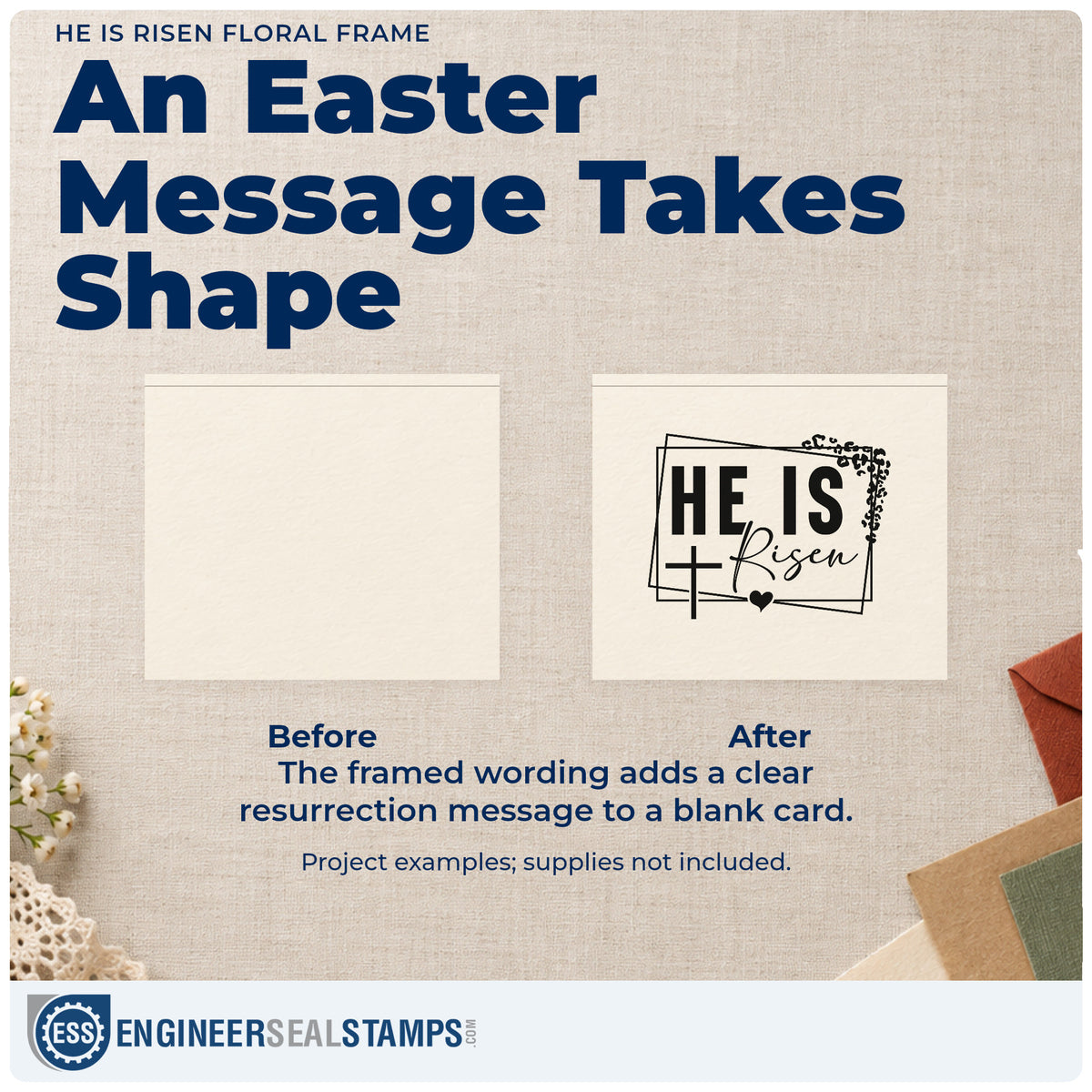 Before and after of a plain item finished with the He Is Risen Leafy Cross Frame Stamp – Slim Pre-Inked, a quick upgrade for spring tote bags.