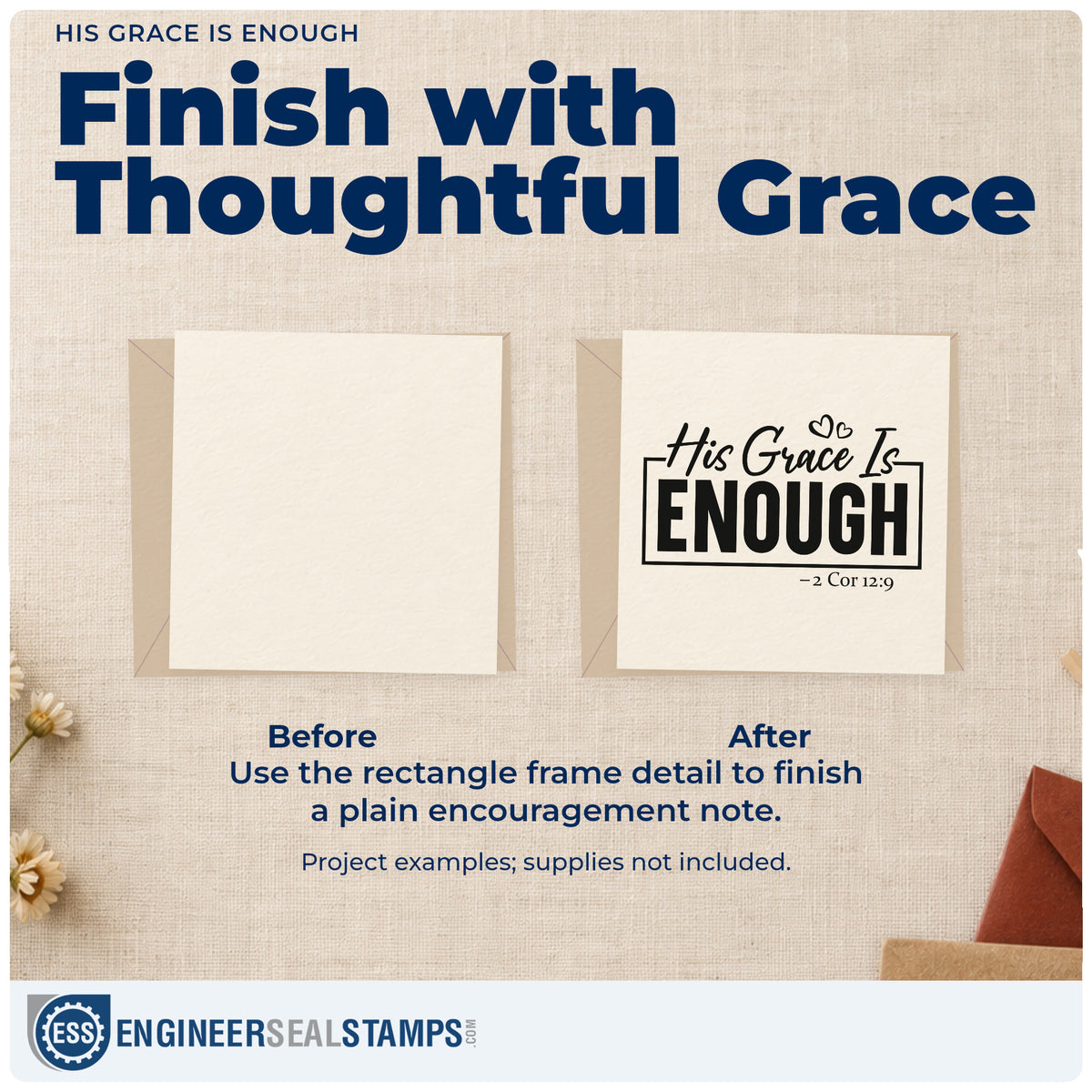 Before and after of a plain item finished with the Premium Wooden His Grace Is Enough With Hearts Stamp - Vintage Pro, a quick upgrade for framed bedside art.