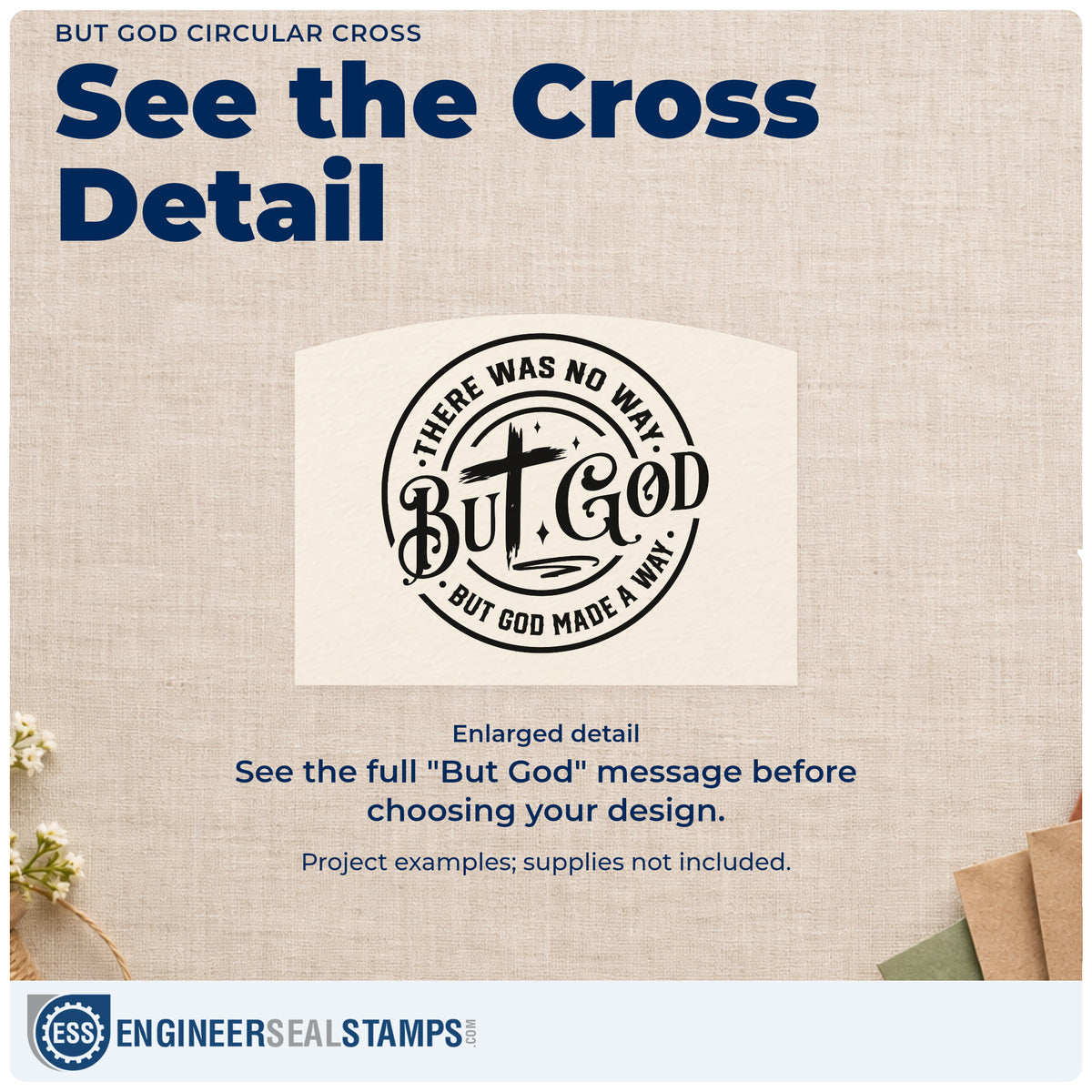 Enlarged detail of the But God Circular Cross Craft Stamp – Self-Inking imprint. A cross forms part of "But God" inside a circle reading "There was no way, but God made a way."