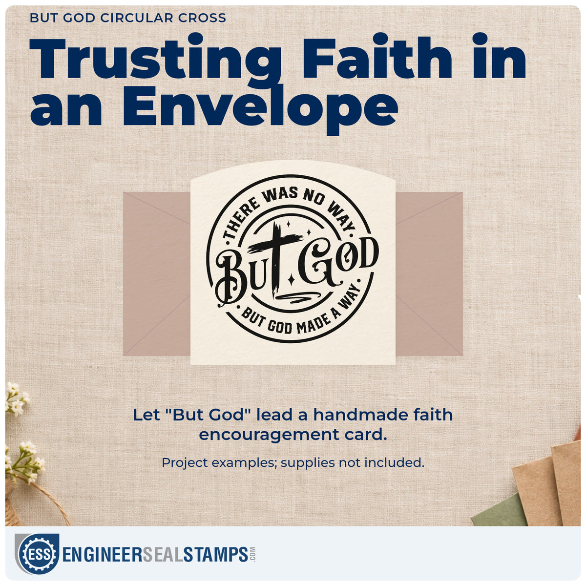 A finished handmade project stamped with the But God Circular Cross Craft Stamp – Self-Inking, ideal for homecoming gift tags.
