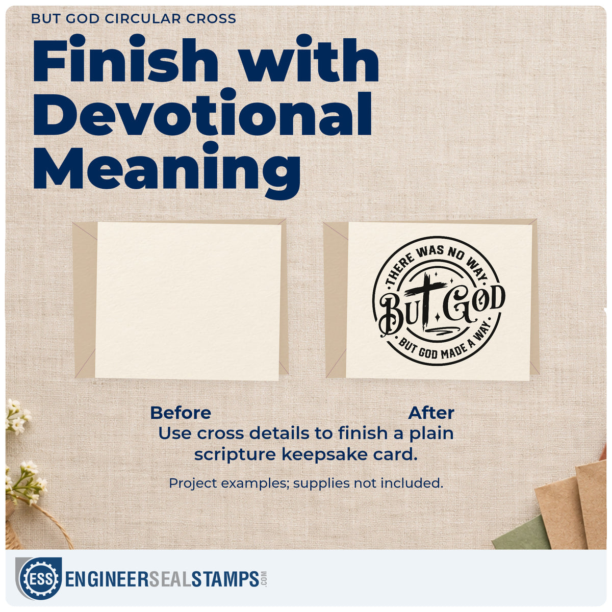 Before and after of a plain item finished with the But God Circular Cross Pre-Inked Stamp – Slim, a quick upgrade for planner answer dates.