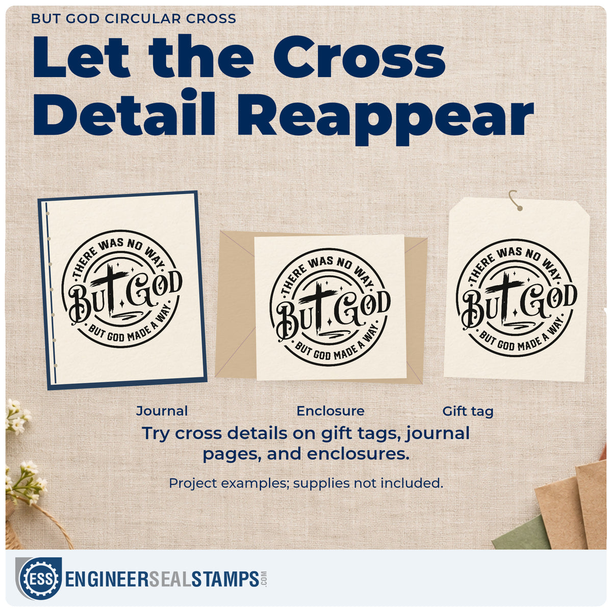 Three project examples made with the But God Circular Cross Craft Stamp – Self-Inking, including round label seals.