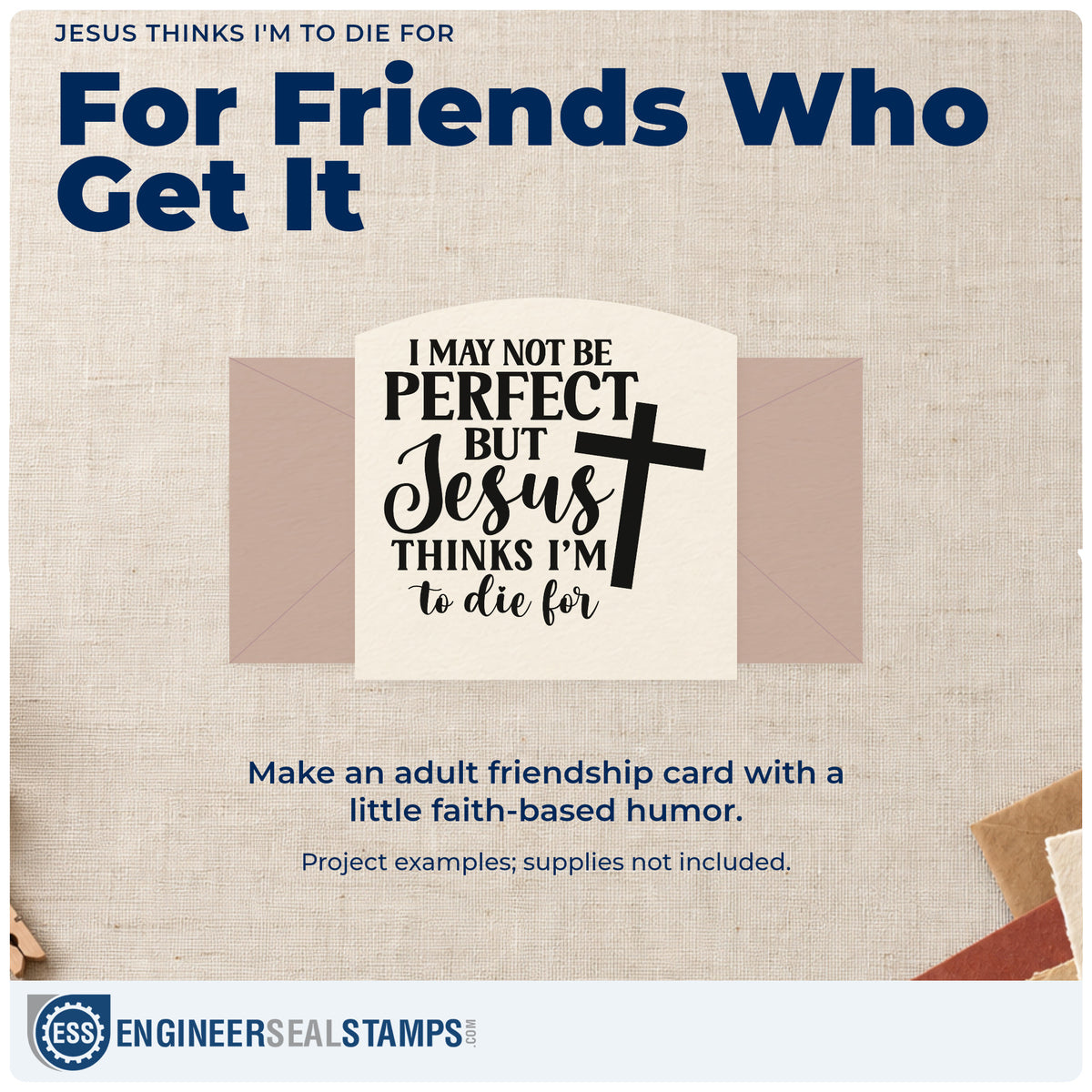 A finished handmade project stamped with the Jesus Thinks I'm To Die For Compact Pre-Inked Stamp – Slim, ideal for retreat tees.