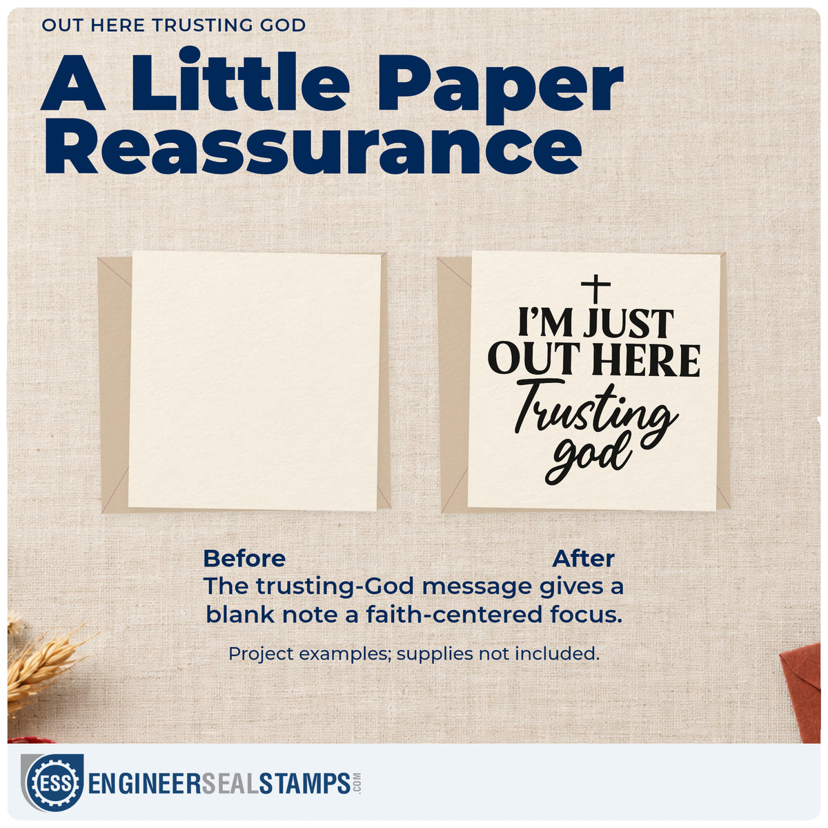 Before and after of a plain item finished with the I'm Just Out Here Trusting God Rubber Stamp – Wood Handle, a quick upgrade for planner weekly headers.