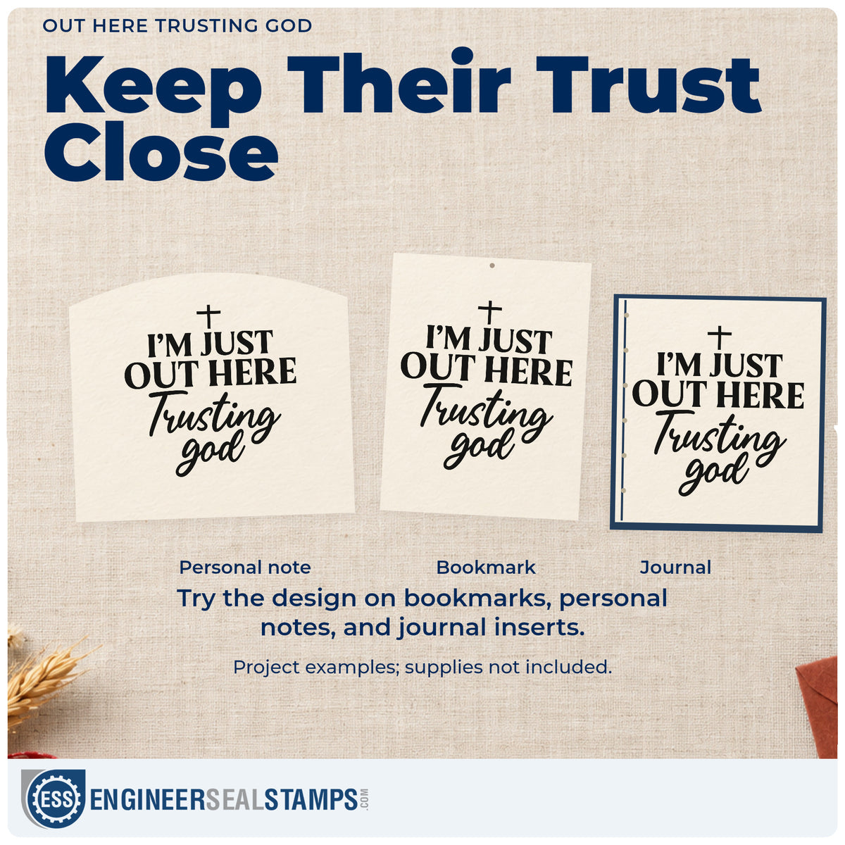 Three project examples made with the I'm Just Out Here Trusting God Duo Hand Stamp, including casual canvas totes.