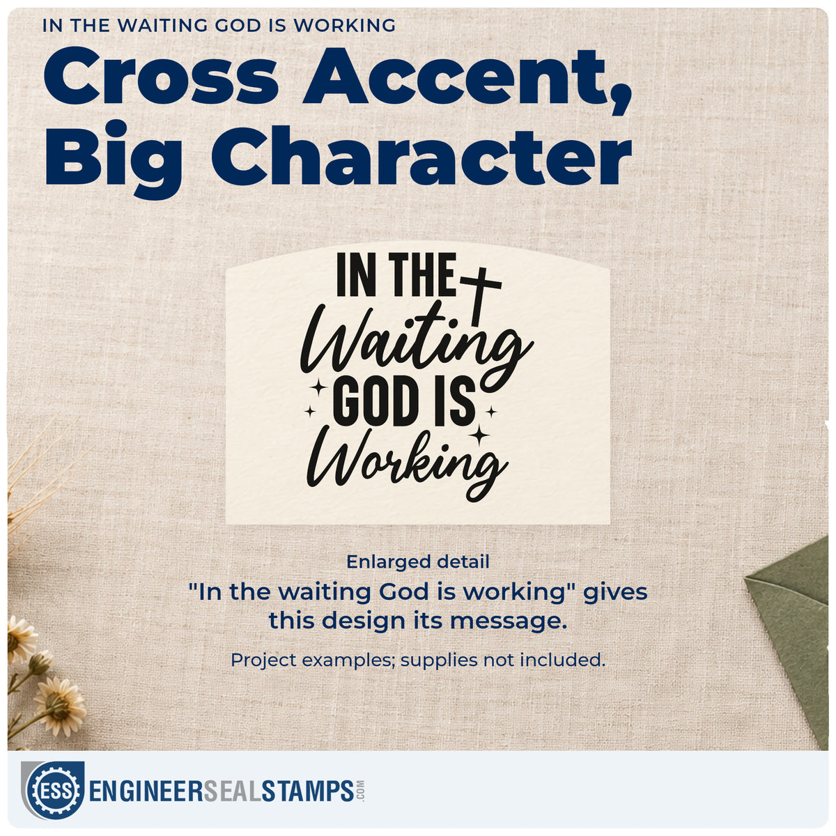 Enlarged detail of the Slim Pre-Inked In The Waiting God Is Working With Cross Stamp imprint. A cross and sparkles accent "In the waiting God is working."