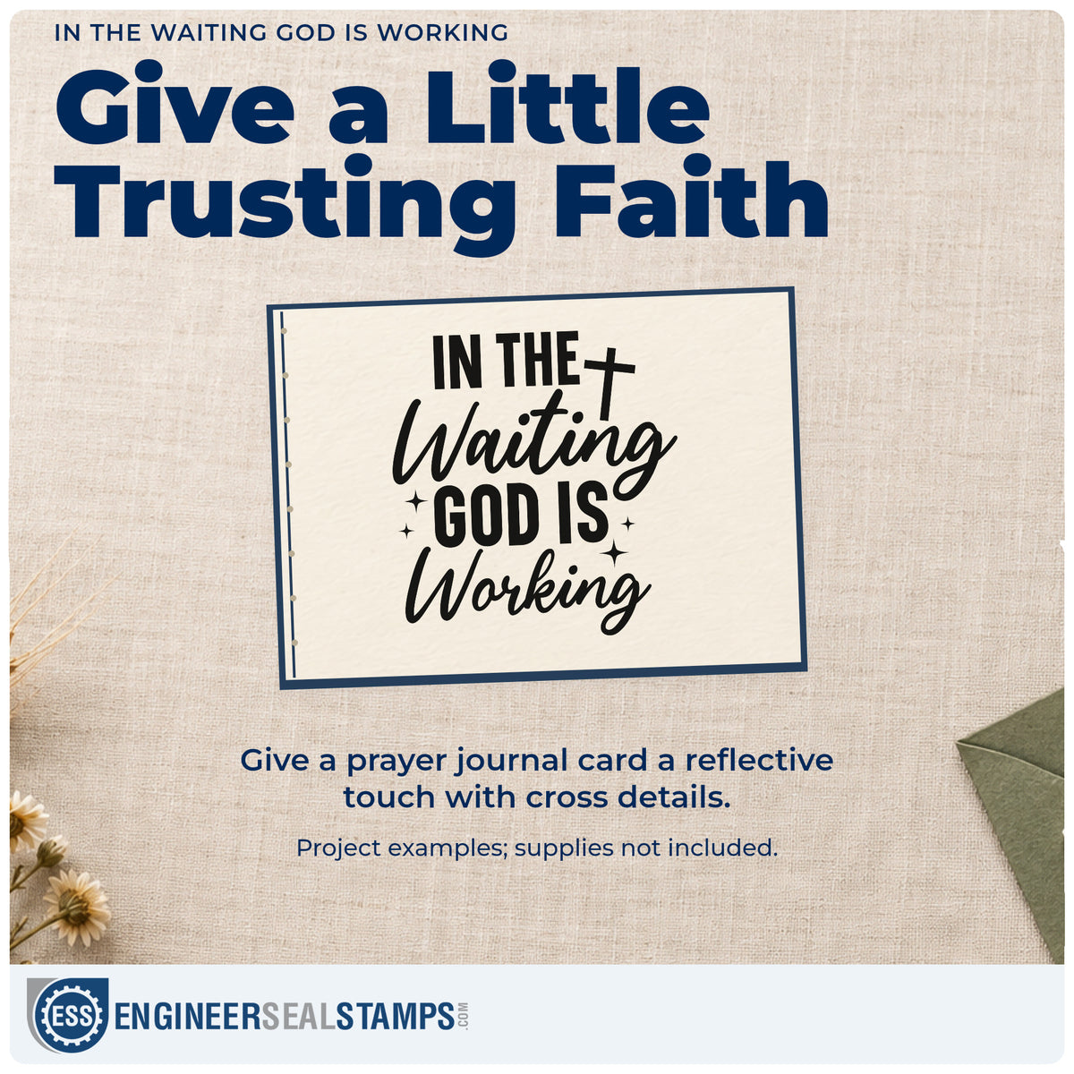 A finished handmade project stamped with the In The Waiting God Is Working With Cross Rubber Stamp – Duo Hand, ideal for fertility journey notes.