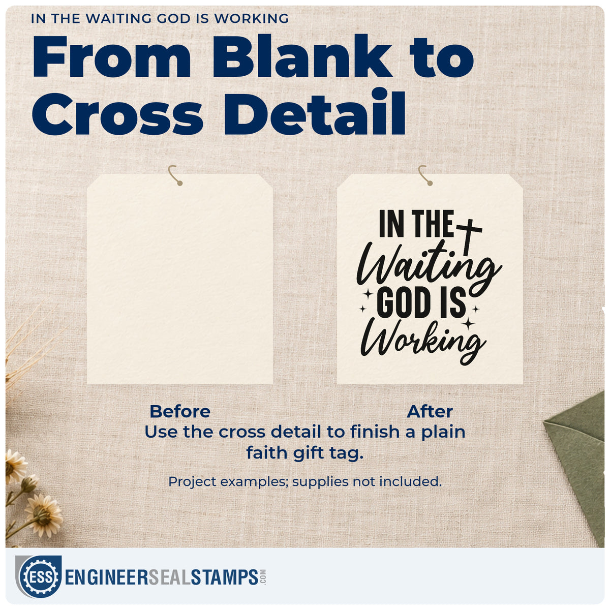Before and after of a plain item finished with the Slim Pre-Inked In The Waiting God Is Working With Cross Stamp, a quick upgrade for medical waiting rooms.