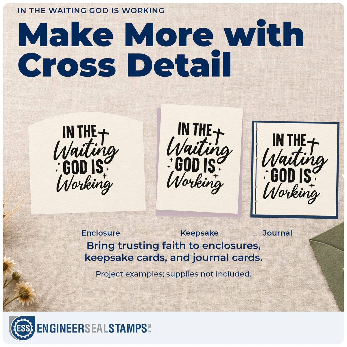 Three project examples made with the Slim Pre-Inked In The Waiting God Is Working With Cross Stamp, including prayer journal headers.