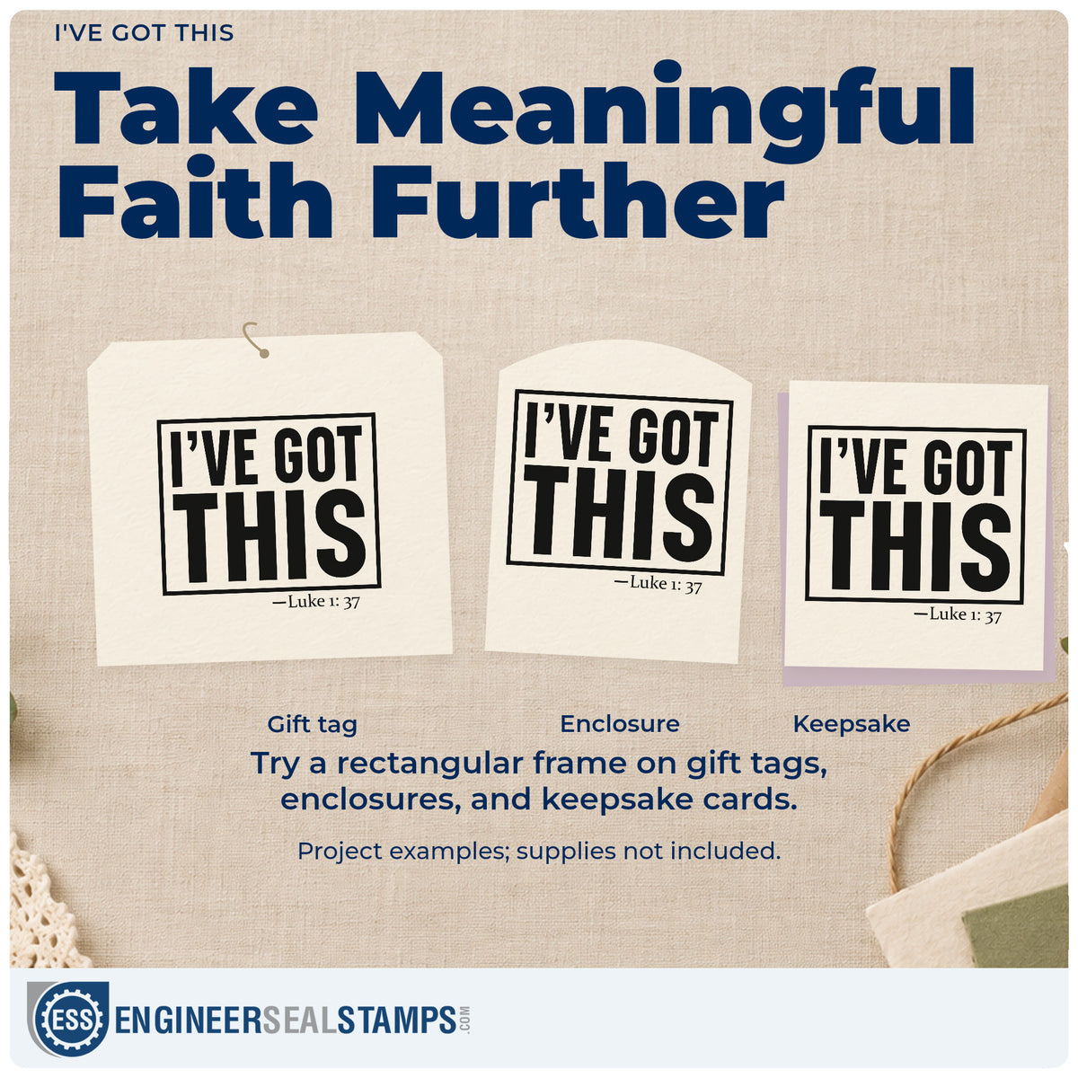 Three project examples made with the I've Got This Frame Accent Stamp - Premium Vintage Pro Wooden, including tryout bag tags.