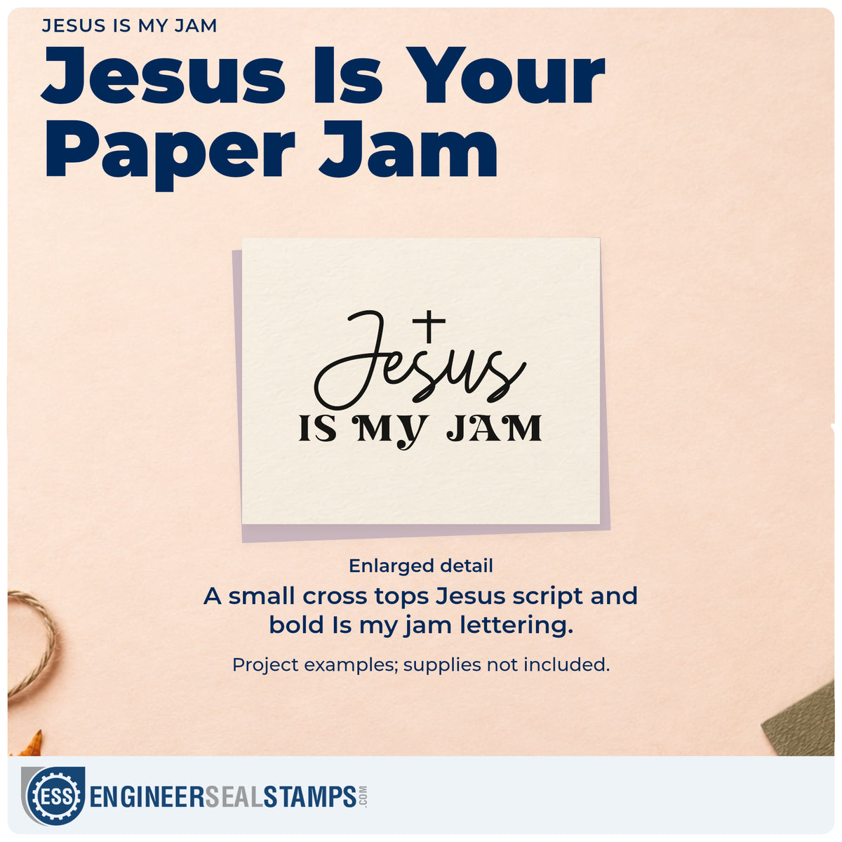Enlarged detail of the Jesus Is My Jam Stamp – Self-Inking imprint. A small cross tops "Jesus" script and bold "Is my jam" lettering.