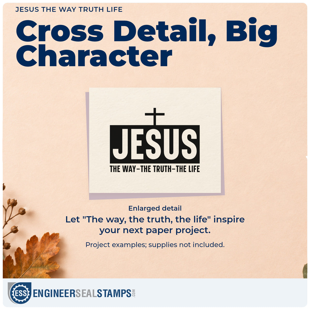 Enlarged detail of the Jesus The Way Truth Life With Cross Self-Inking Stamp imprint. White "Jesus" lettering fills a dark rectangle beneath a cross, with "The way, the truth, the life" below.