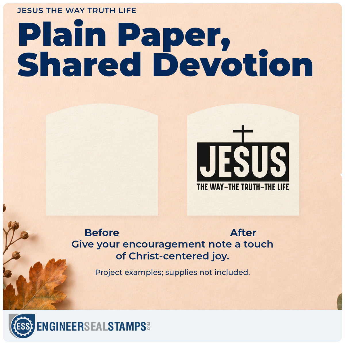 Before and after of a plain item finished with the Jesus The Way Truth Life With Cross Stamp – PSI Pre-Inked, a quick upgrade for bible cover crafts.
