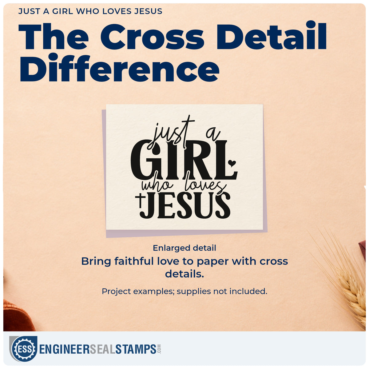 Enlarged detail of the Just A Girl Who Loves Jesus Hand Stamp – Duo imprint. Mixed lettering reads "Just a girl who loves Jesus," with a cross and small hearts.