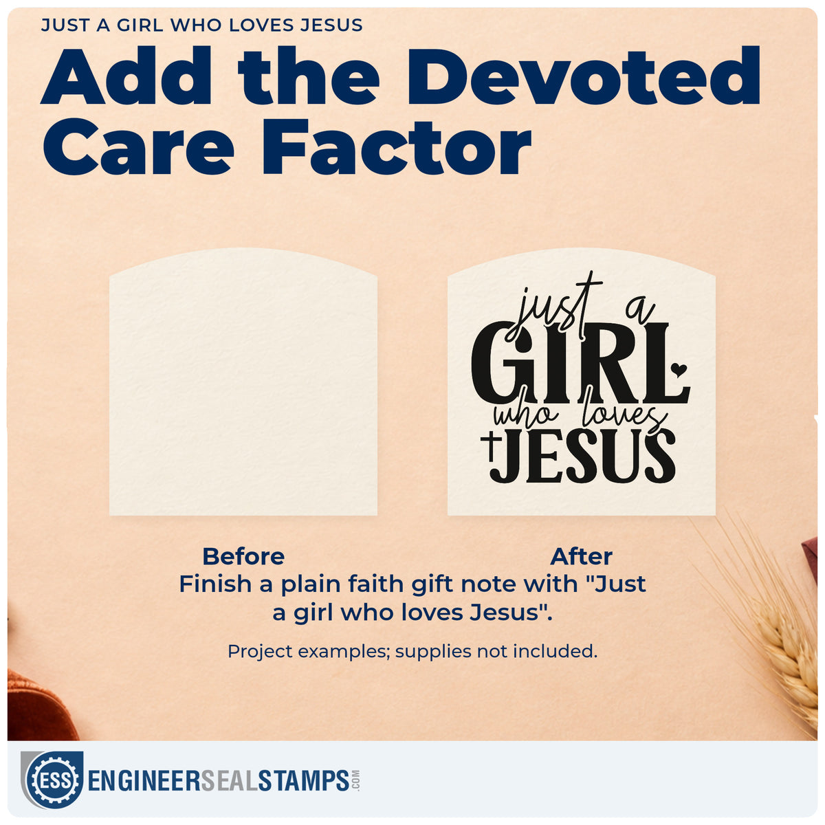 Before and after of a plain item finished with the Just A Girl Who Loves Jesus Premium Wood-Mounted Stamp - Vintage Pro, a quick upgrade for hair bow gift cards.