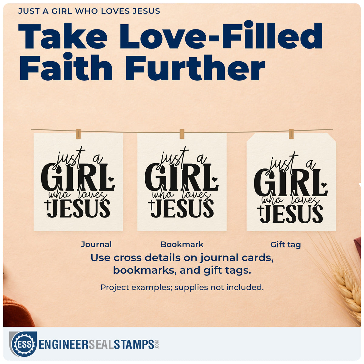 Three project examples made with the Just A Girl Who Loves Jesus Premium Wood-Mounted Stamp - Vintage Pro, including journal cover stamping.
