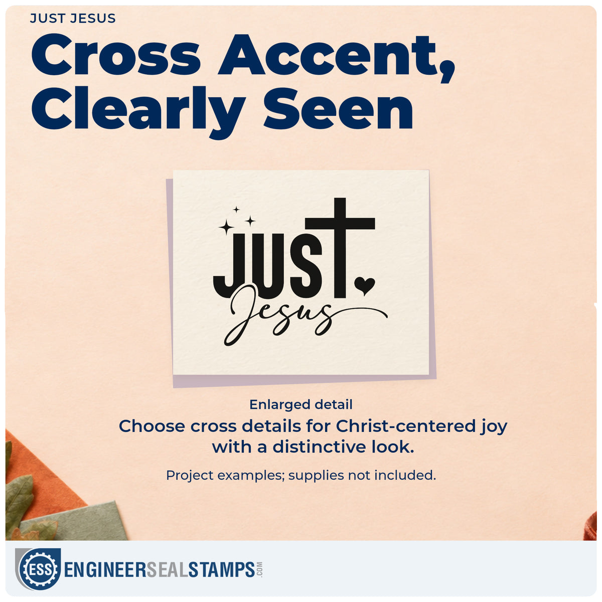 Enlarged detail of the Just Jesus With Cross Stamp - Premium Vintage Pro Wooden imprint. A cross extends above bold "Just," with "Jesus" in script and heart and sparkle accents.