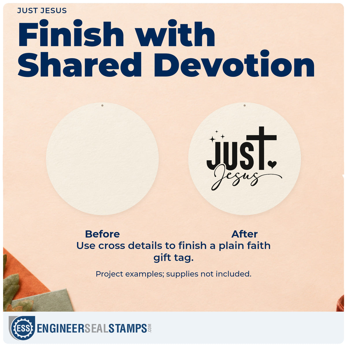 Before and after of a plain item finished with the Just Jesus With Cross Pre-Inked Stamp – PSI, a quick upgrade for bookmark crafts.