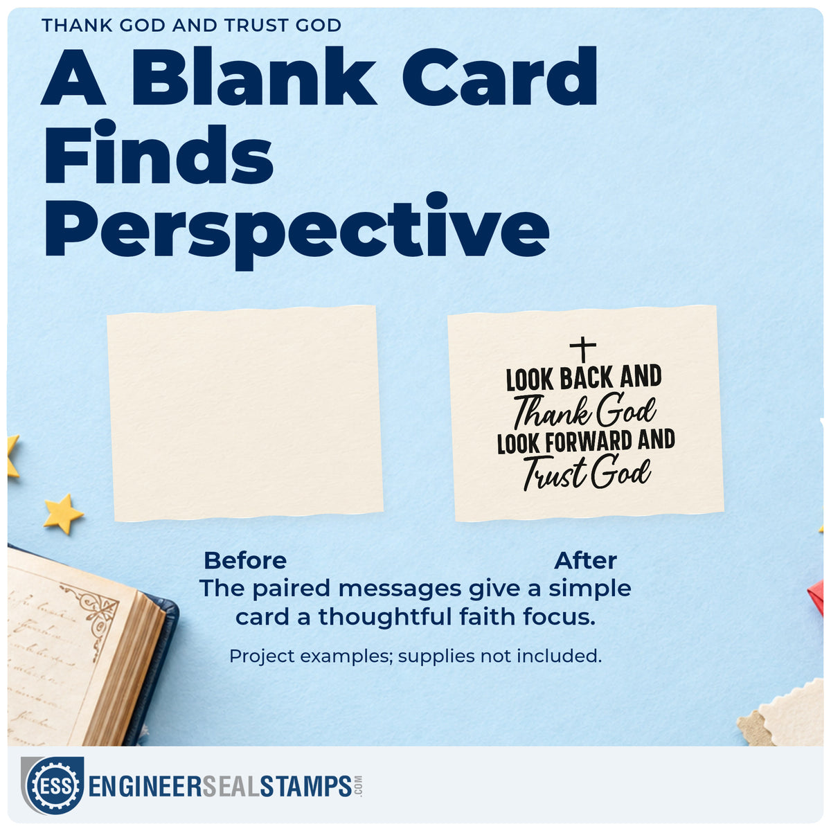 Before and after of a plain item finished with the Look Back And Thank God, Look Forward And Trust God Premium Wood-Mounted Stamp - Vintage Pro, a quick upgrade for planner first pages.