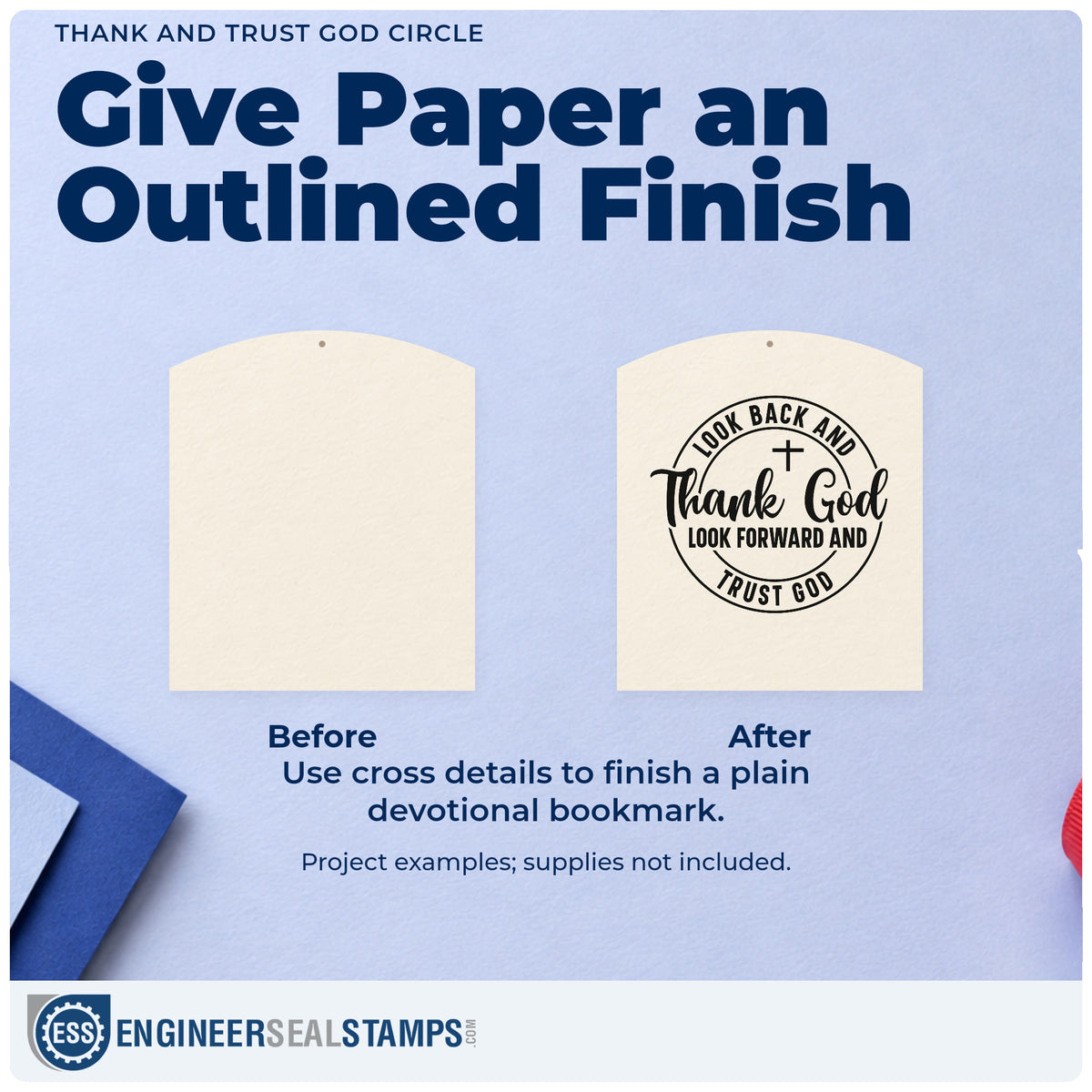 Before and after of a plain item finished with the Thank And Trust God Circle Pre-Inked Stamp – PSI, a quick upgrade for memorial keepsakes.