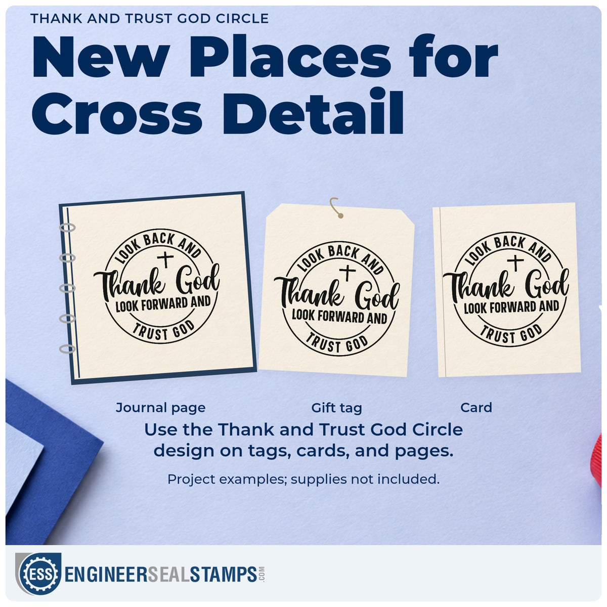 Three project examples made with the Thank And Trust God Circle Wood Handle Stamp, including round label seals.