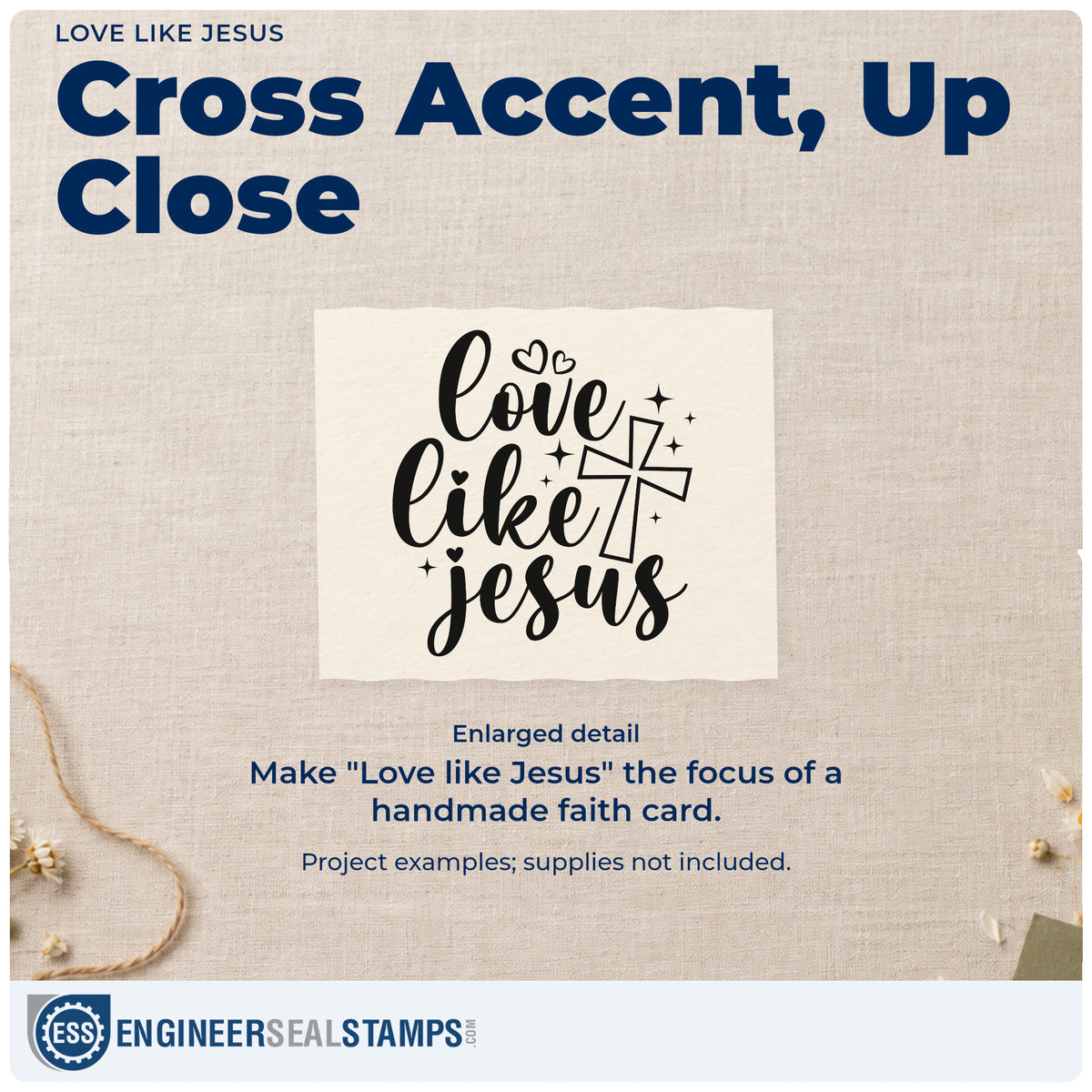 Enlarged detail of the Love Like Jesus Wood-Mounted Rubber Stamp imprint. Flowing "Love like Jesus" lettering is accented with an outlined cross, hearts, and sparkles.