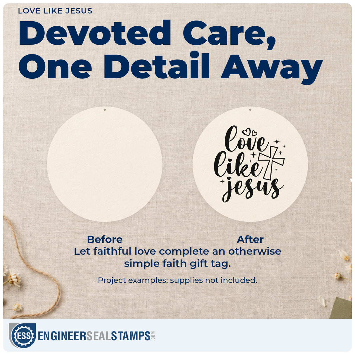 Before and after of a plain item finished with the Love Like Jesus Wood-Mounted Rubber Stamp, a quick upgrade for canvas totes.