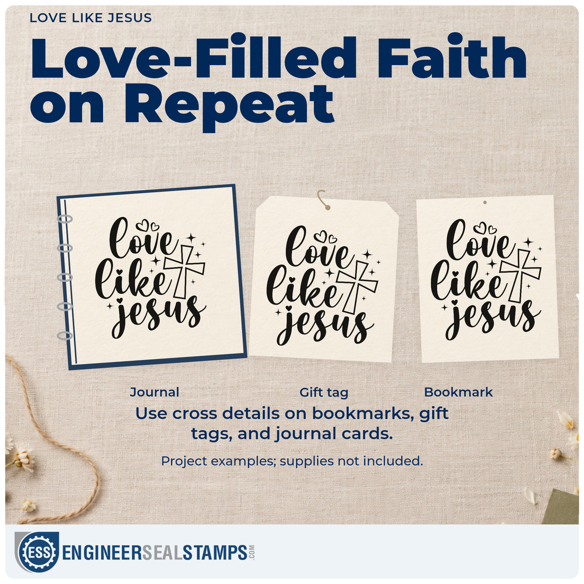 Three project examples made with the Love Like Jesus PSI Pre-Inked Stamp, including neighbor cookie tags.