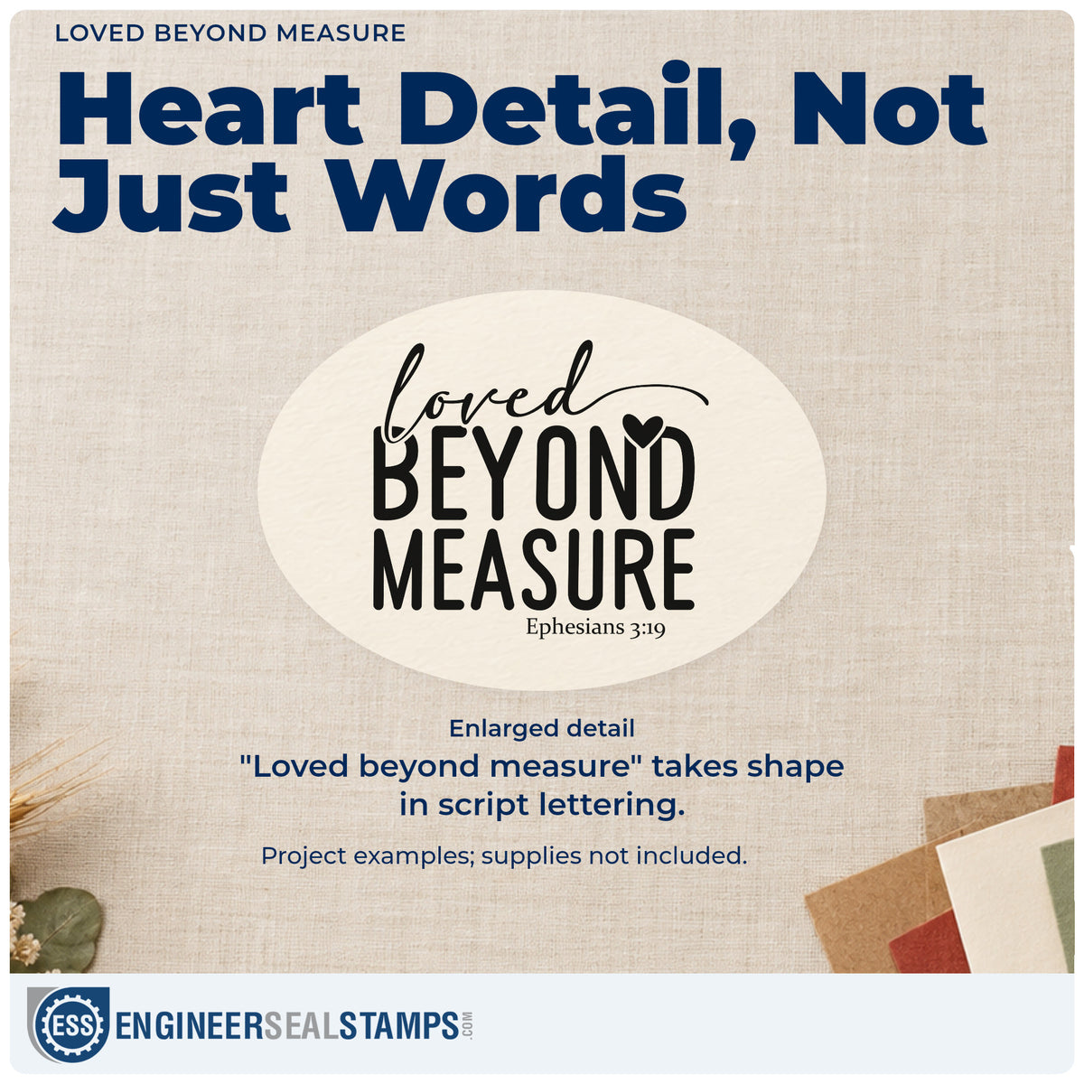 Enlarged detail of the Loved Beyond Measure With Hearts Stamp – Duo Hand imprint. Script and tall block lettering reads "Loved beyond measure," with a heart and Ephesians 3:19.