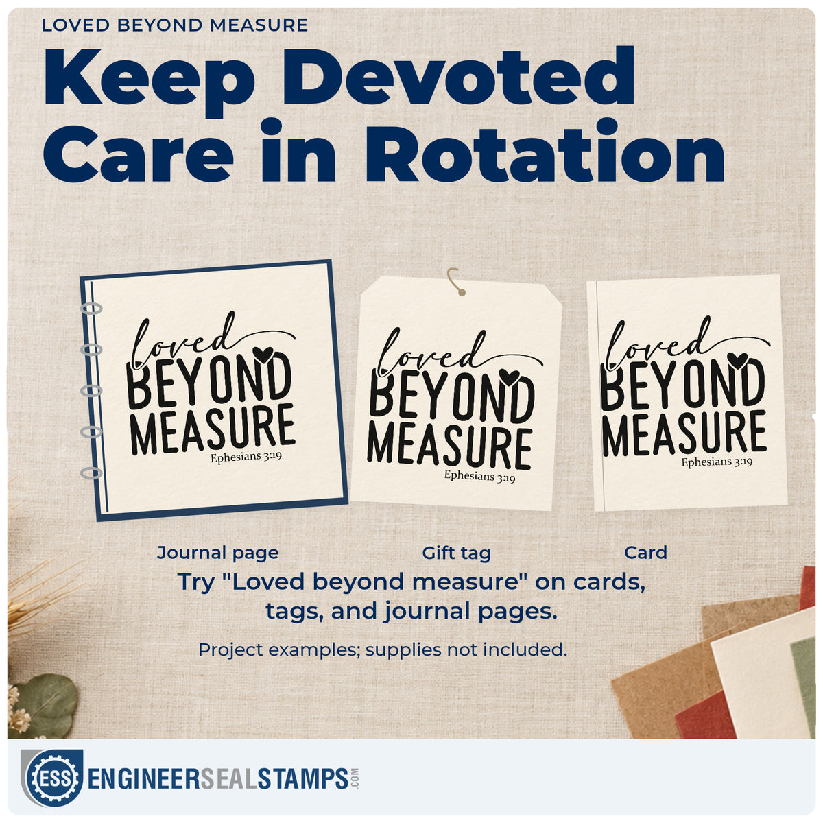Three project examples made with the Loved Beyond Measure With Hearts Rubber Stamp – Wood Handle, including scrapbook baby pages.