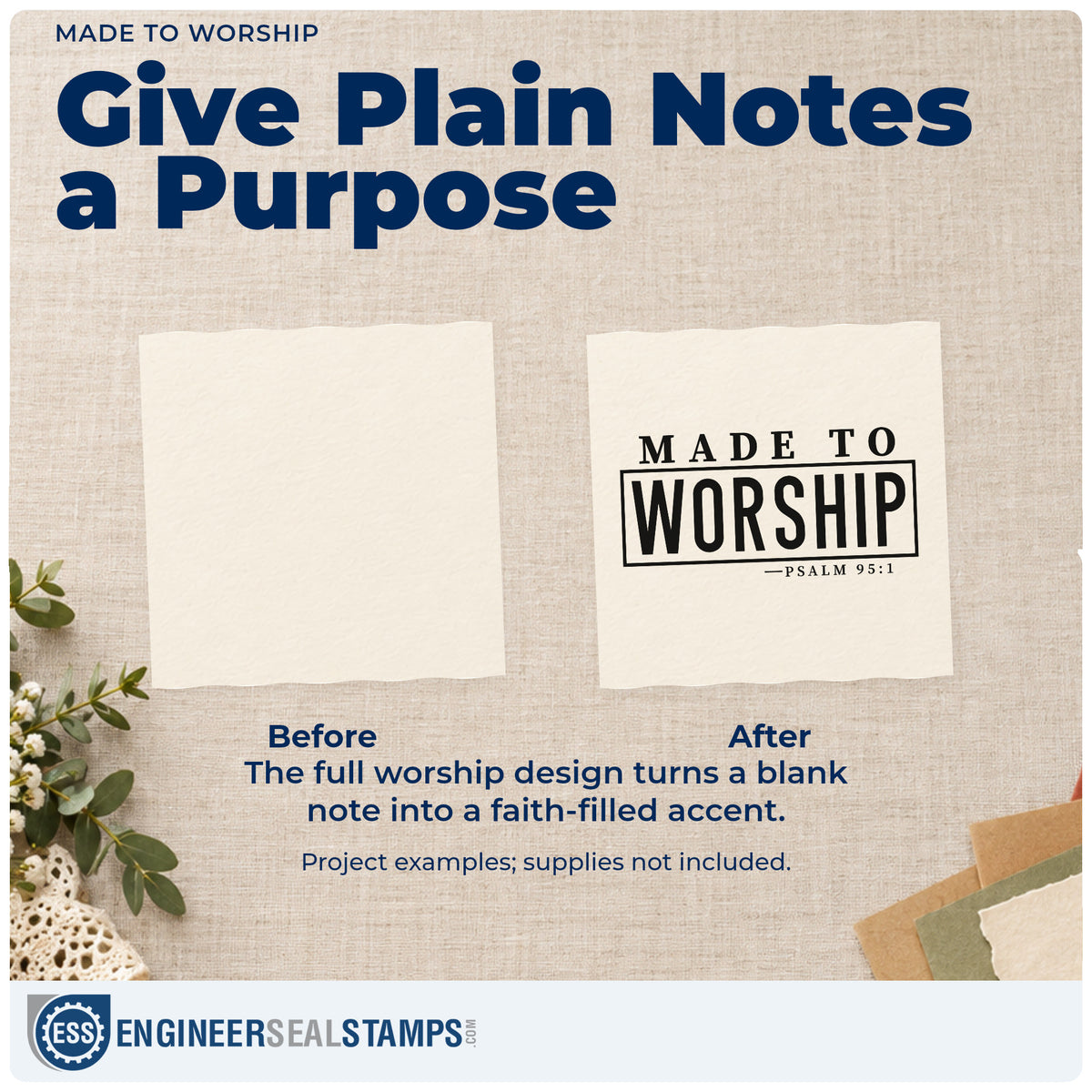 Before and after of a plain item finished with the Made To Worship Pre-Inked Stamp – Slim, a quick upgrade for canvas totes.
