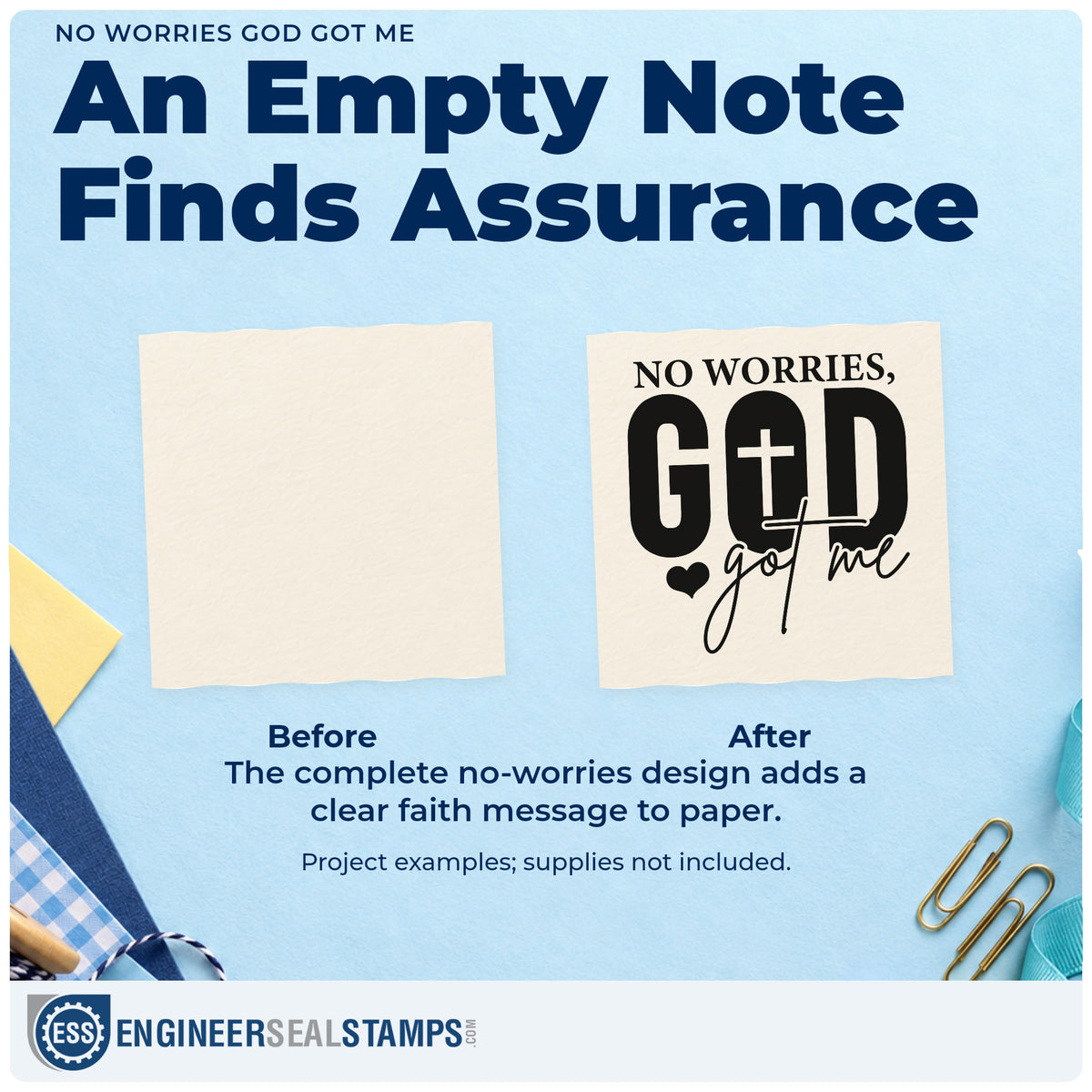 Before and after of a plain item finished with the No Worries God Got Me Stamp – Slim Pre-Inked, a quick upgrade for tee transfers.
