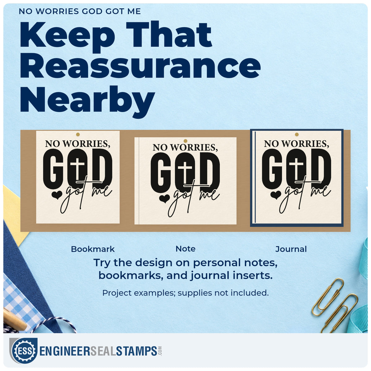 Three project examples made with the No Worries God Got Me Stamp – Slim Pre-Inked, including travel blessing cards.
