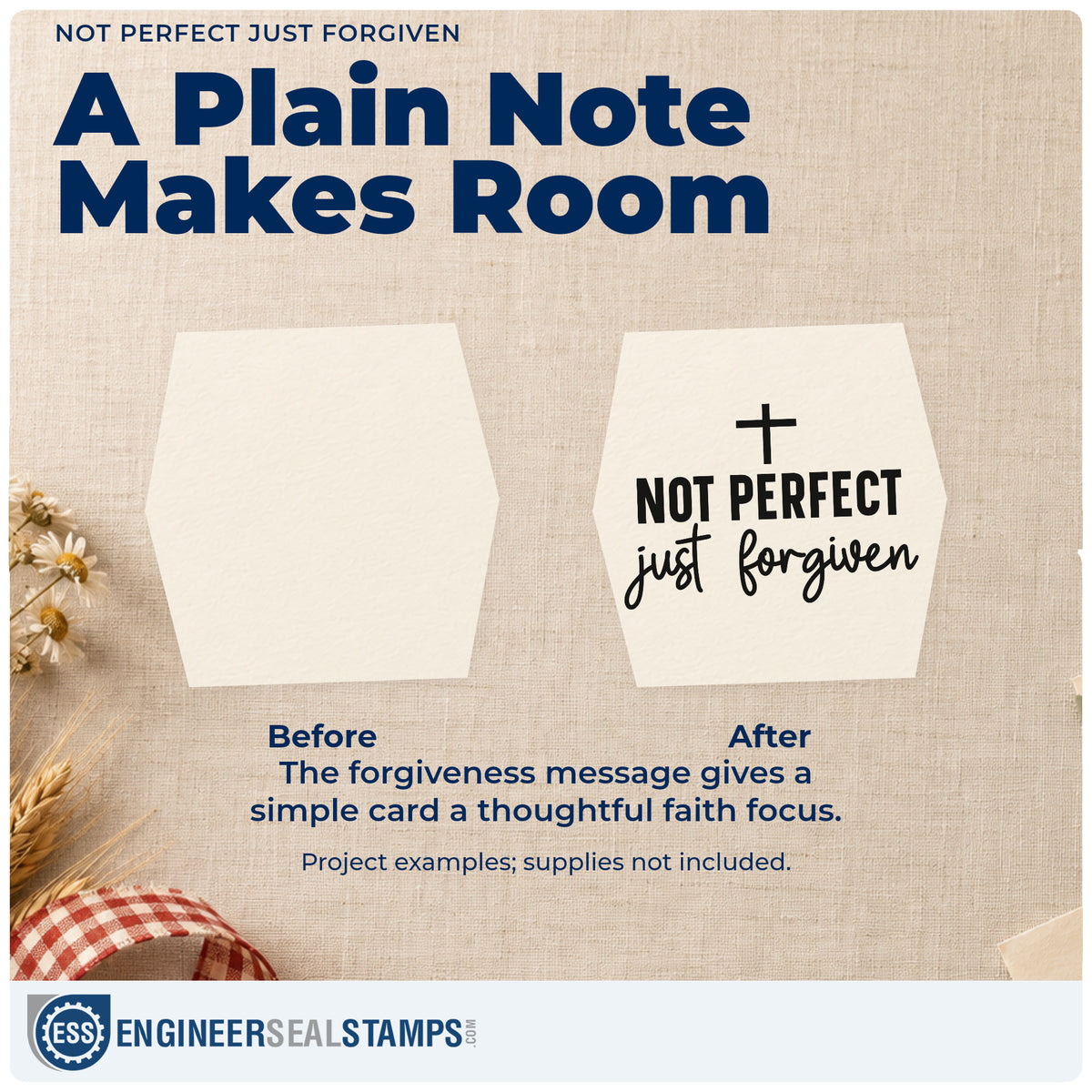 Before and after of a plain item finished with the Not Perfect, Just Forgiven With Cross Pre-Inked Stamp – PSI, a quick upgrade for canvas totes.