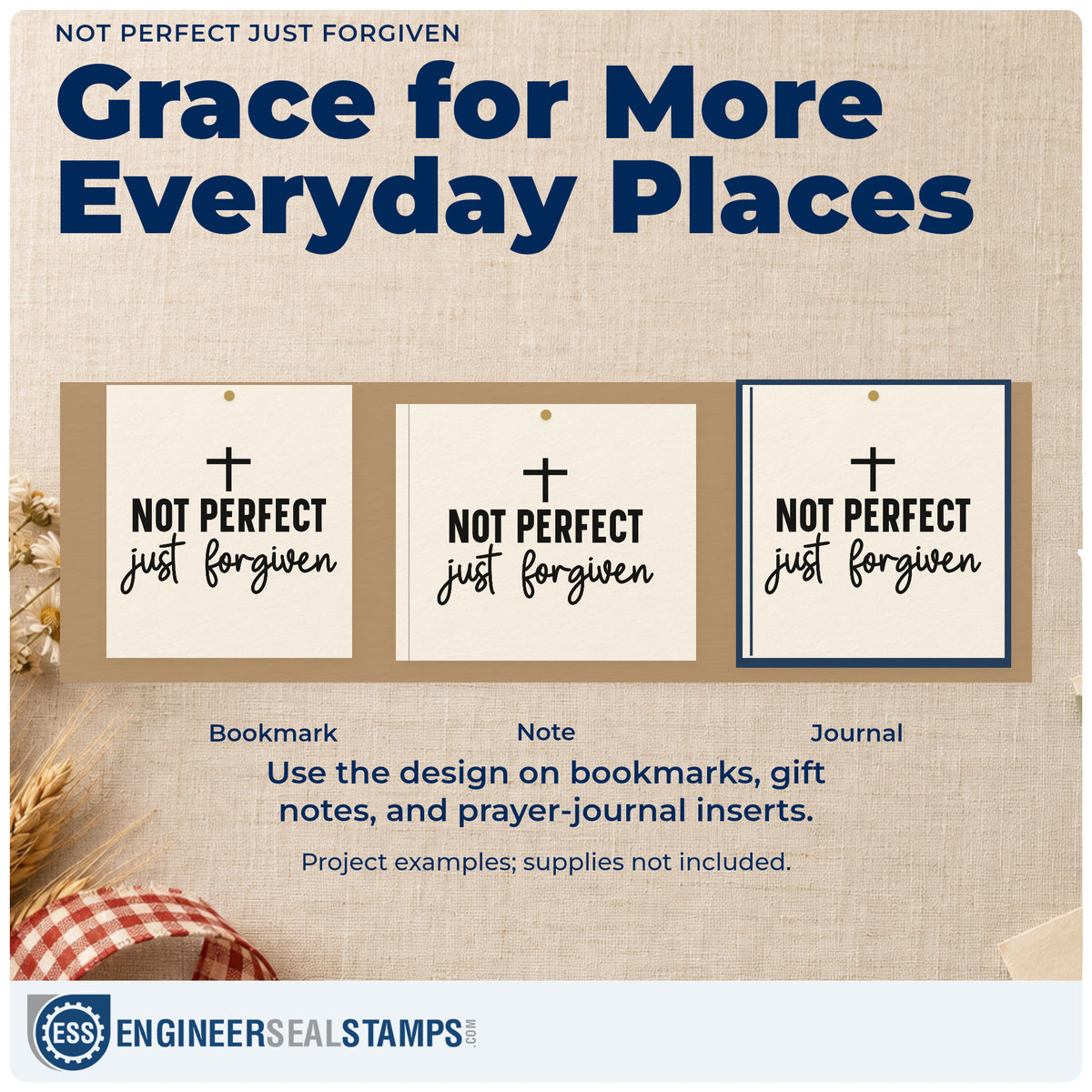 Three project examples made with the Not Perfect, Just Forgiven With Cross Slim Pre-Inked Stamp, including recovery milestones.