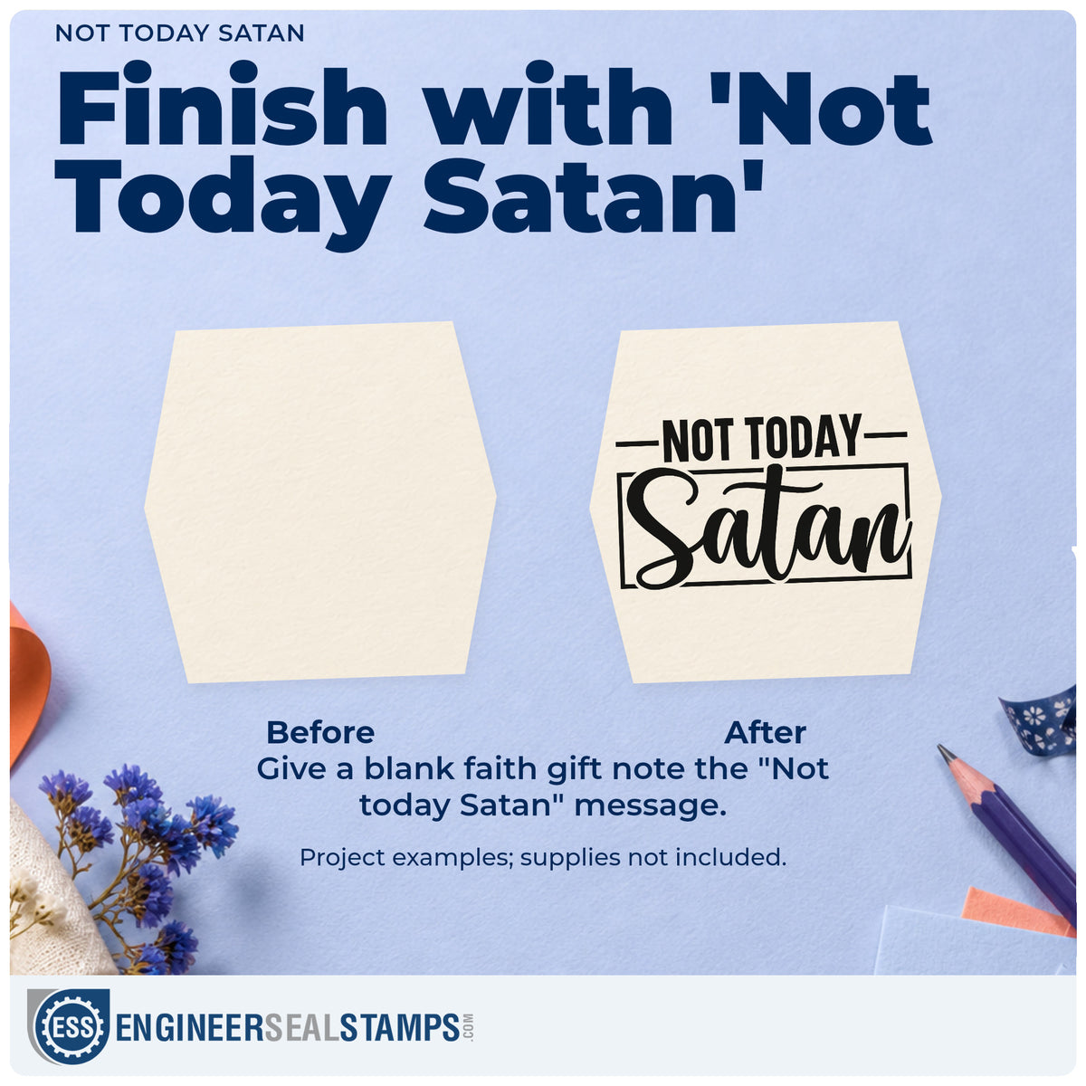 Before and after of a plain item finished with the Pre-Inked Not Today Satan Stamp – PSI, a quick upgrade for coffee mug gift tags.