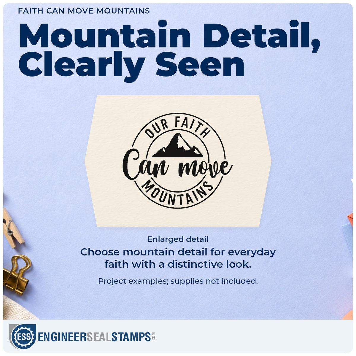 Enlarged detail of the Faith Can Move Mountains Stamp – Wood Handle imprint. A mountain silhouette sits inside a circular "Our faith can move mountains" design.
