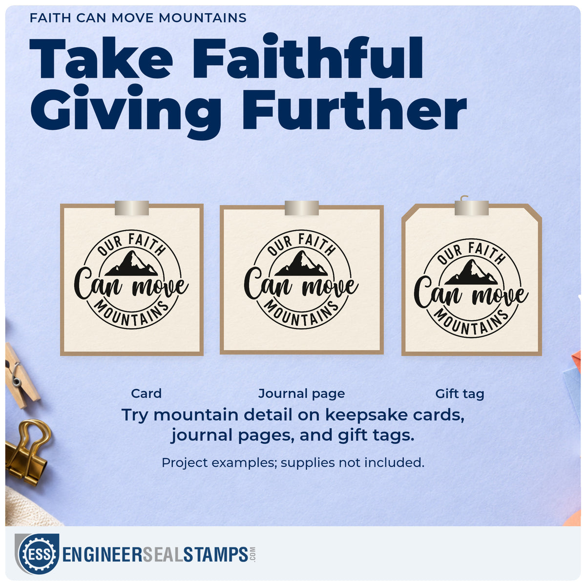 Three project examples made with the Faith Can Move Mountains Stamp – Wood Handle, including scrapbook summit pages.