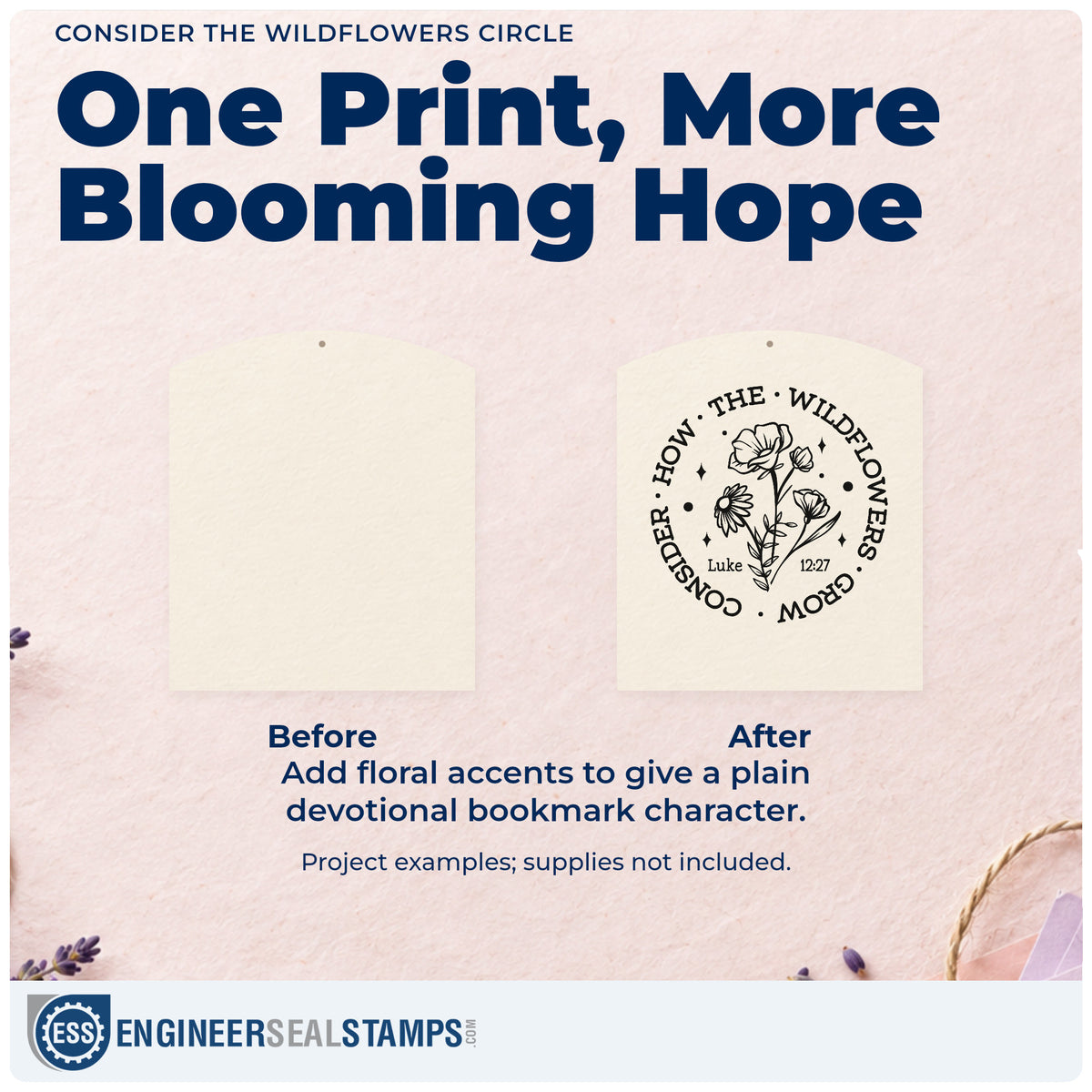 Before and after of a plain item finished with the Consider How The Wildflowers Grow Stamp – Self-Inking, a quick upgrade for canvas totes.