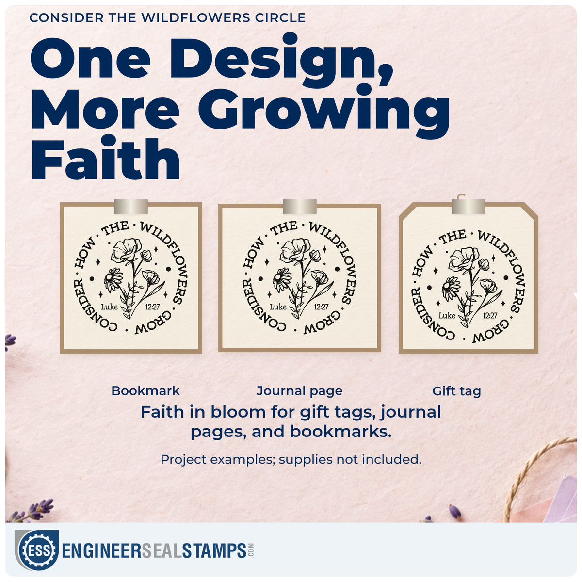 Three project examples made with the Consider How The Wildflowers Grow Stamp – Self-Inking, including bridal shower favors.