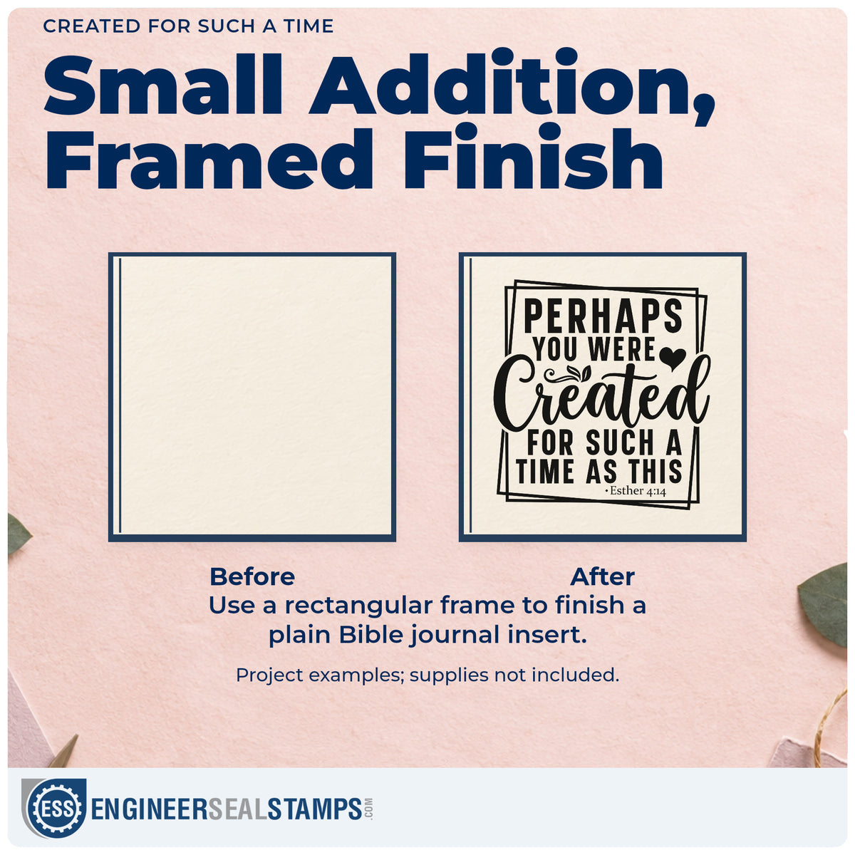 Before and after of a plain item finished with the Slim Pre-Inked Created For Such A Time Stamp, a quick upgrade for canvas totes.