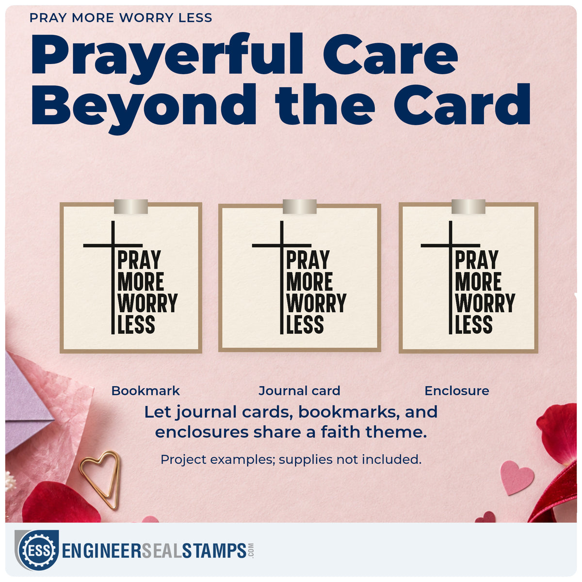 Three project examples made with the Pray More Worry Less Self-Inking Stamp, including journal covers.