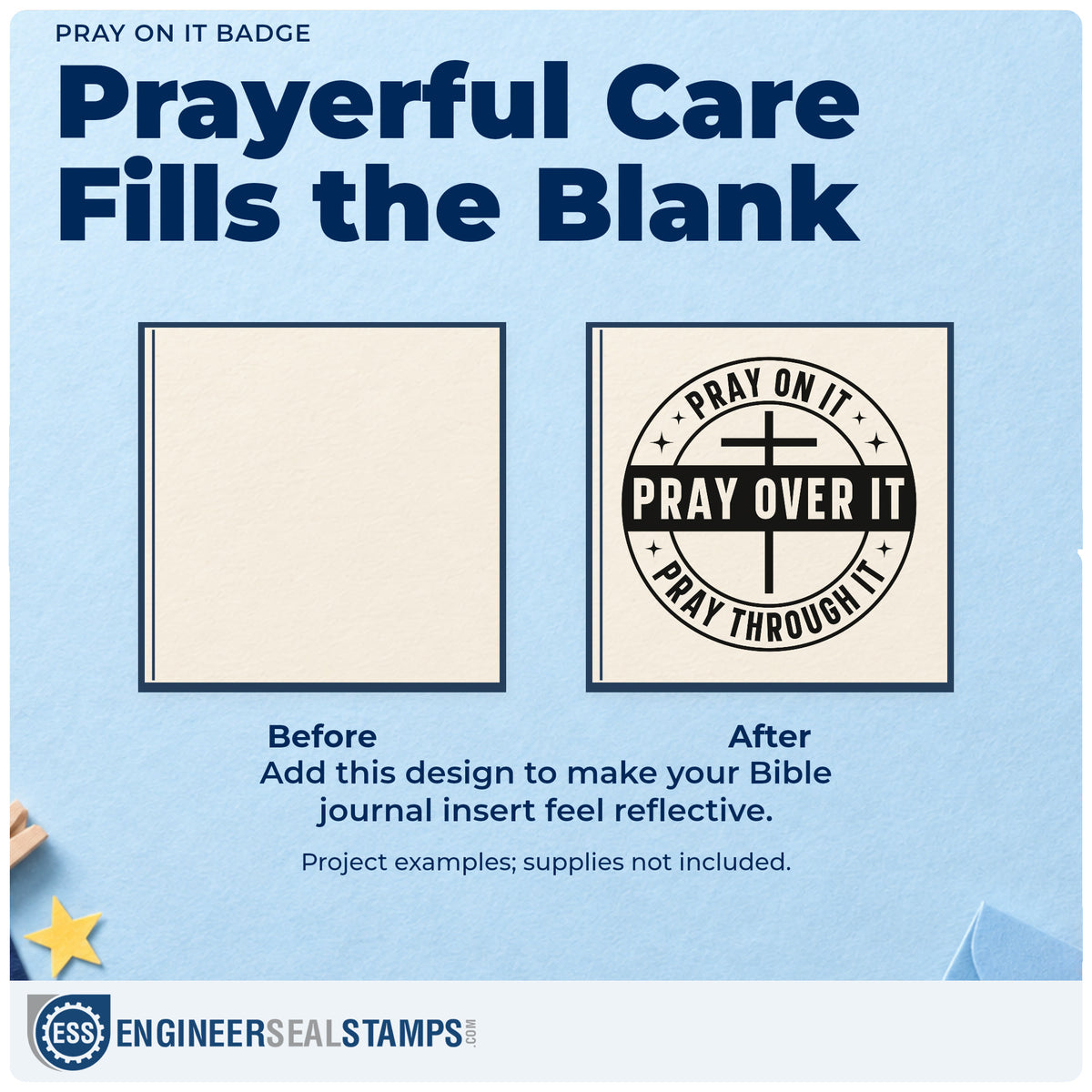 Before and after of a plain item finished with the Self-Inking Pray On It Badge Stamp, a quick upgrade for prayer closet signs.