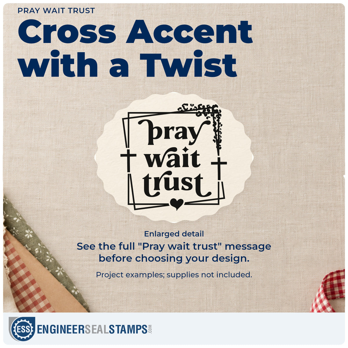 Enlarged detail of the Pray Wait Trust Pre-Inked Stamp – Slim imprint. Leafy corners, small crosses, and a heart accent "Pray wait trust" inside overlapping rectangular frames.
