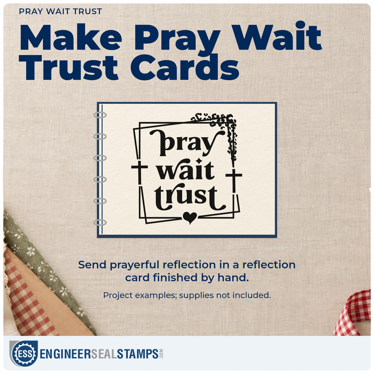 A finished handmade project stamped with the Vintage Pro Pray Wait Trust Premium Wooden Stamp, ideal for planner weekly tabs.