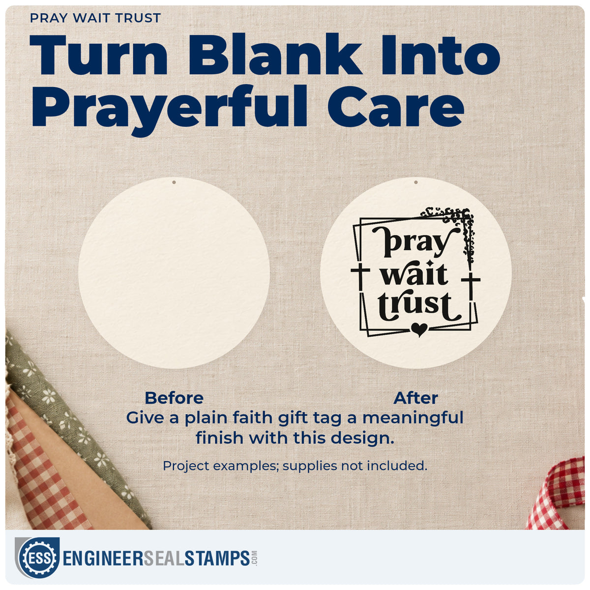 Before and after of a plain item finished with the Pray Wait Trust Pre-Inked Stamp – Slim, a quick upgrade for prayer journal headers.