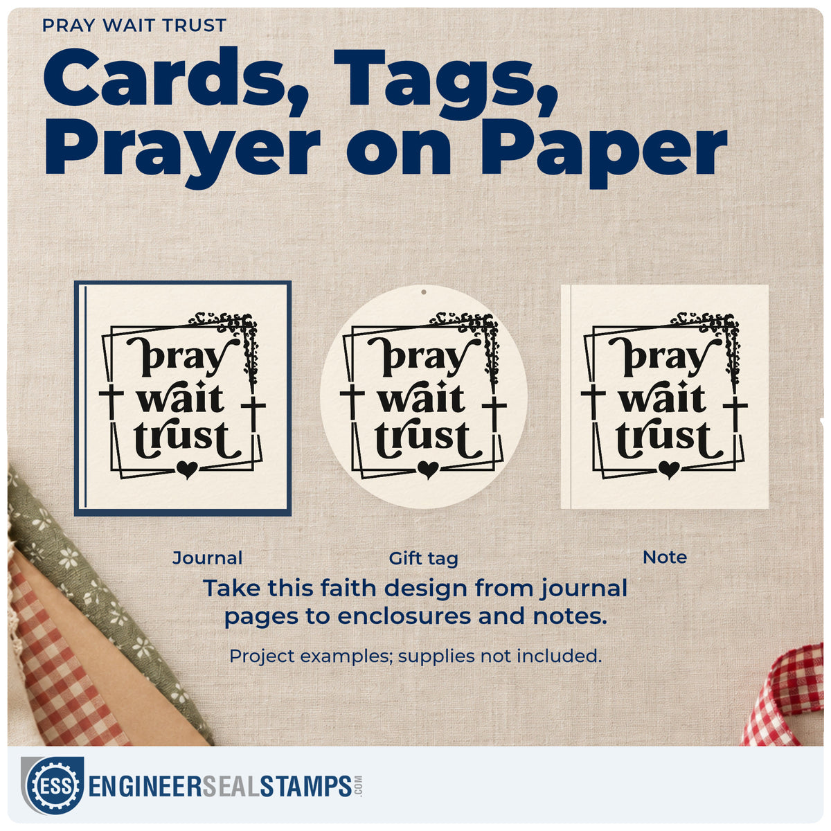 Three project examples made with the Pray Wait Trust Stamp – Self-Inking, including scrapbook season pages.