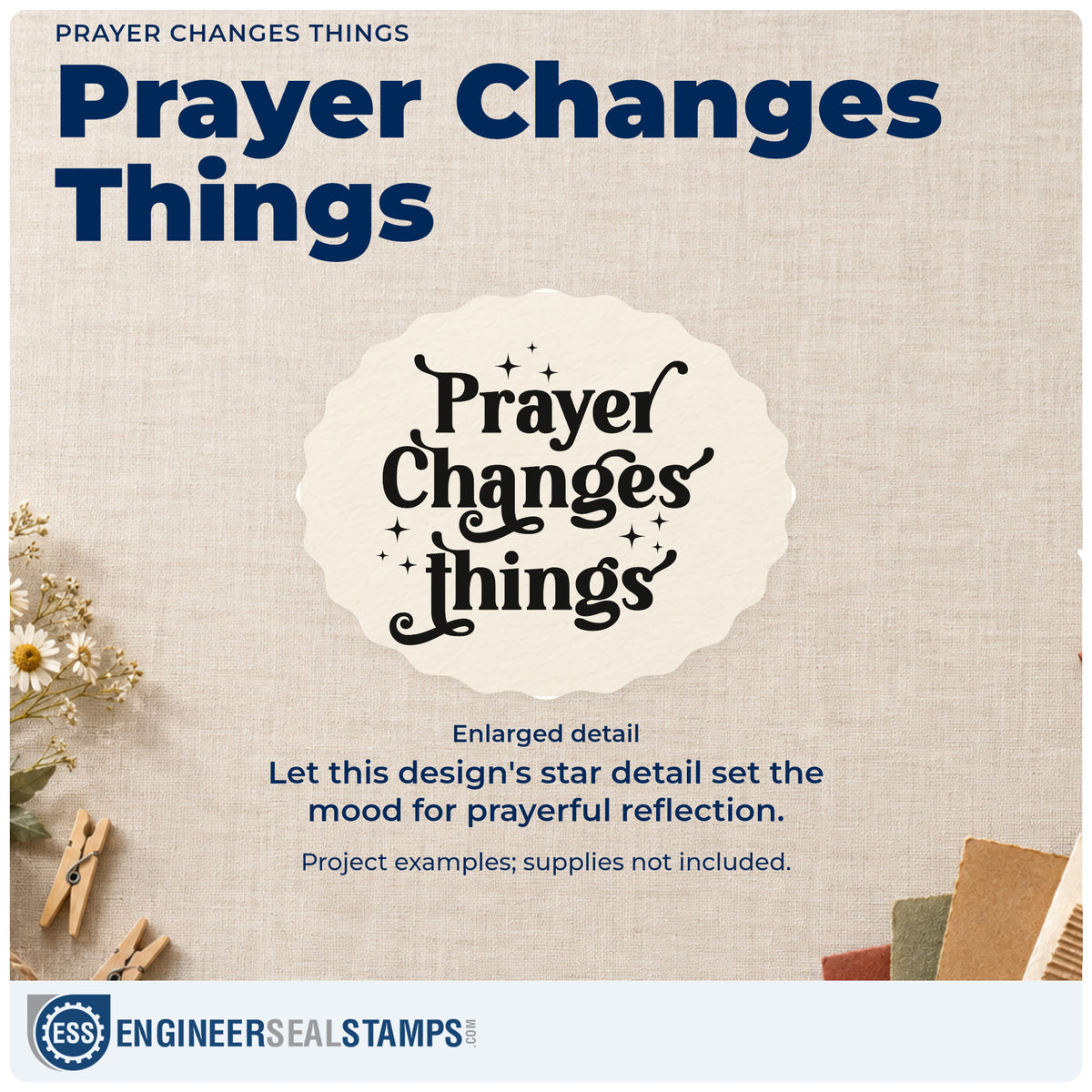 Enlarged detail of the Prayer Changes Things With Sparkles Premium Wooden Stamp - Vintage Pro imprint. Decorative serif lettering reads "Prayer changes things," surrounded by small sparkles.