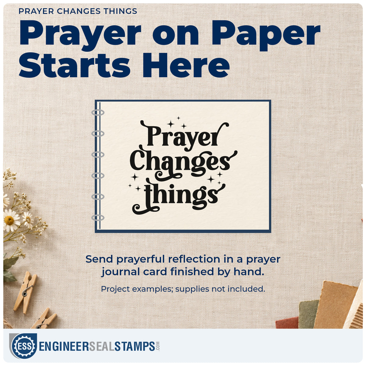 A finished handmade project stamped with the Duo Hand Prayer Changes Things With Sparkles Rubber Stamp, ideal for hospital room notes.